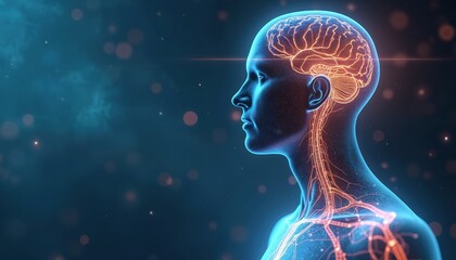 AI fights anxiety via vagus nerve. Futuristic tech representation of human head with brain activity. Concept of Artificial Intelligence and neural networks. Modern digital cyberspace web innovation.