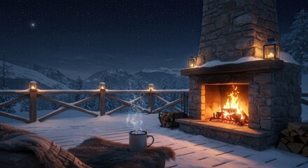 Cozy Fireplace and Hot Drink on Snowy Winter Mountain Cabin Deck