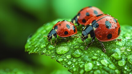 Fototapeta premium Ladybugs on dewy leaf in garden