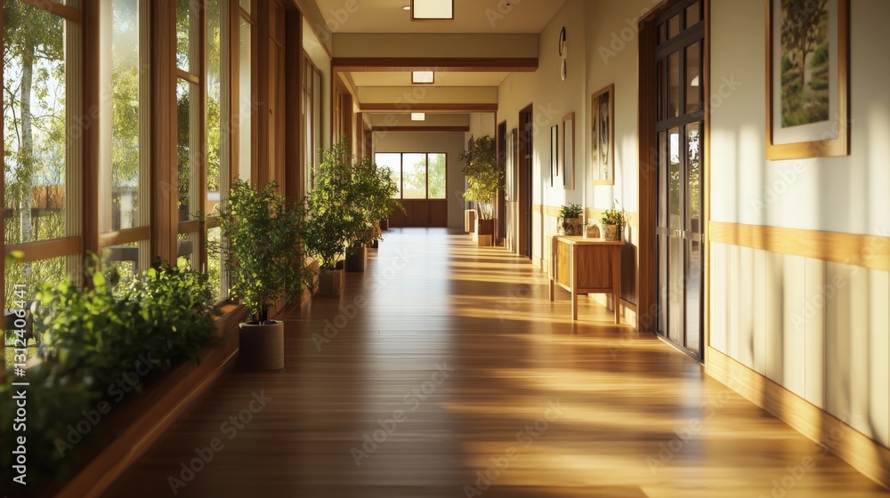 Poster extended hallway adorned with lush plants creating a vibrant and inviting environment for indoor spa