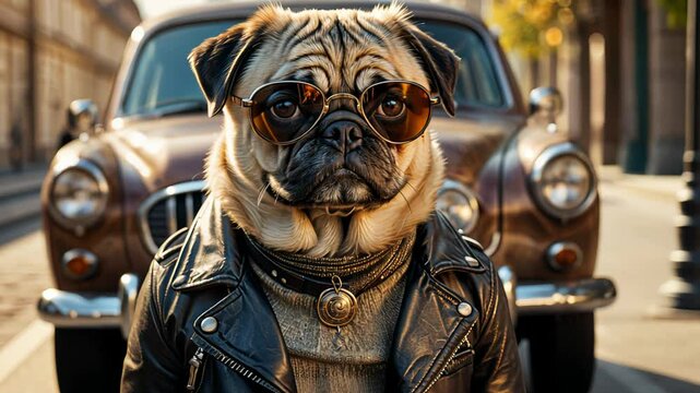 A stylish pug wearing a leather jacket and goggles sits confidently, exuding a rebellious biker attitude. The combination of toughness and cuteness creates a humorous and bold contrast.