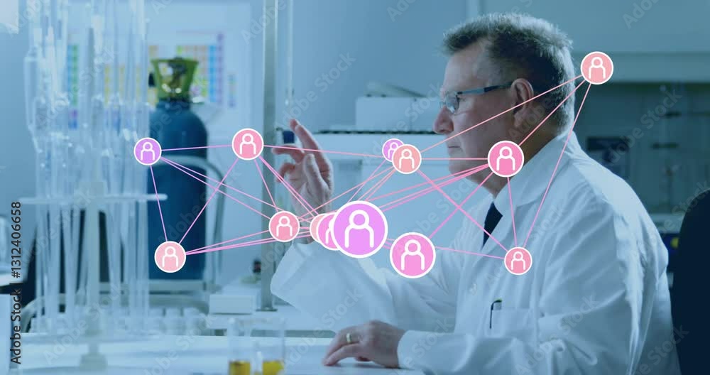 Poster in lab, scientist interacting with data visualization and animation of connections