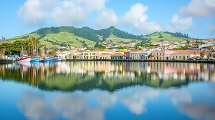 Colorful harbor town reflected in calm water, lush hills, sunny day