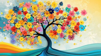 Fototapeta premium A vibrant colorful tree adorned with many beautiful flowers
