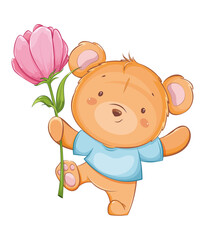 Cute cartoon teddy bear with a big flower