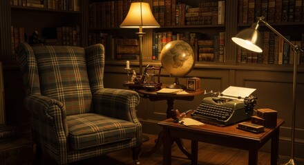 Vintage Study with Typewriter Plaid Armchair and Globe for Reading