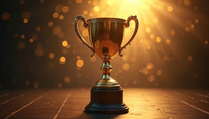 Golden trophy cup stands on wooden table with bokeh lights background. Champion award for success, leadership in sport competition, business education. Symbol of victory, best prize for winner,