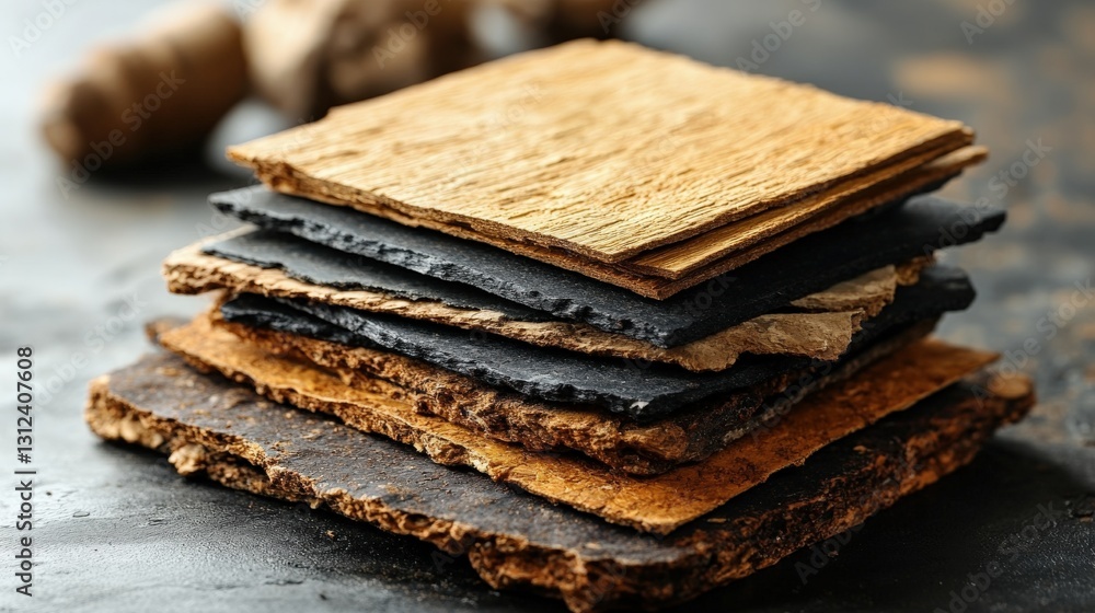 Poster stacked natural slate tiles showcasing various textures and colors on a rustic surface