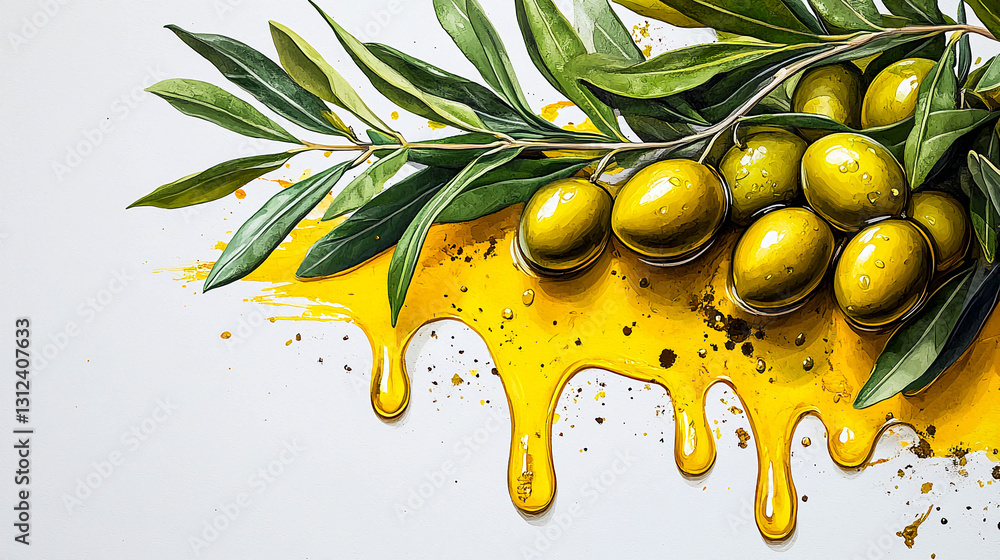 Poster stylized image of an olive tree branch with fruits. the oil flows down, creating a visually appealin