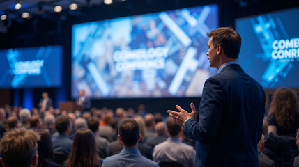 Naklejka premium A professional speaker addressing an audience at a technology conference with large digital screens in the background.