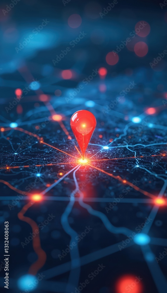 Leinwandbilder Digital map with glowing pin. AI tech innovations in delivery services, future transport logistics. Red location point on navigation system. Automation, efficiency in supply chain, urban smart