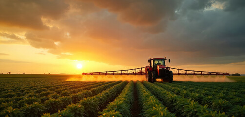 Fototapeta premium Tractor sprays pesticide, insecticide on soy field at sunset. Agriculture machine cultivates plantation. Farming equipment drives, sprays crop, cares about harvest. Agricultural chemical substance,
