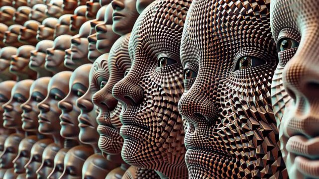A surreal abstract composition of human faces arranged in a geometric, textured pattern.