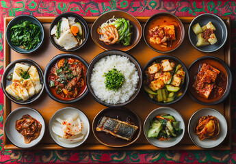 a traditional korean meal with rice, fish,