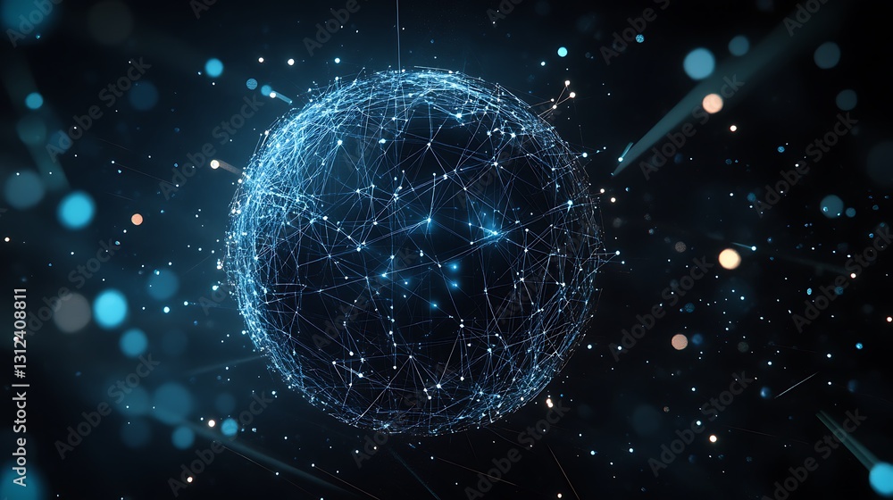 Poster a high-tech background with a floating, transparent sphere displaying interactive data points and gr