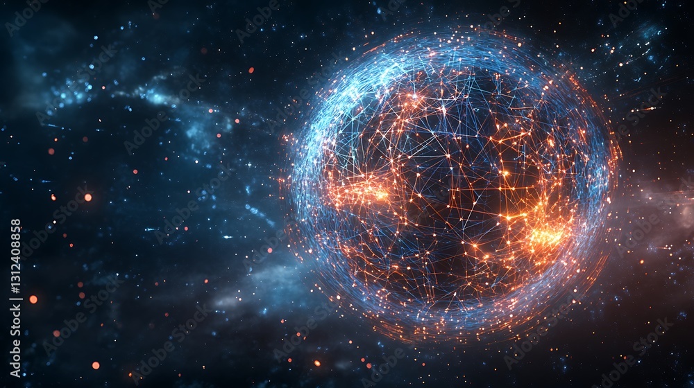 Poster a high-tech background with a floating, transparent sphere displaying interactive data points and gr