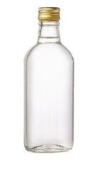 Transparent glass bottle filled with clear liquid and golden cap on white background