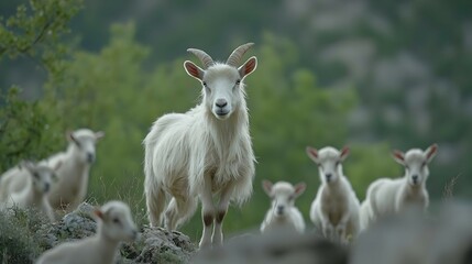 White Goat and Flock in Mountainous Landscape