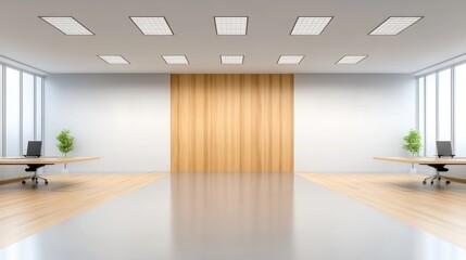 Modern Office Interior Design: Minimalist Workspace with Wooden Accents and Natural Light