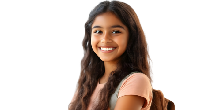 Girl Smiles Brightly, Isolated on White; Happy Child Portrait, Joyful Expression,  Positive Mood.