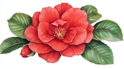 A vibrant red rose with delicate petals is arranged flat, its stem and lush leaves fanned out against a clean white background.