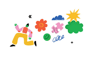A vivid illustration with a stylized running character and various abstract figures on the back. A symbol of getting rid of overwork and a multitude of tasks.