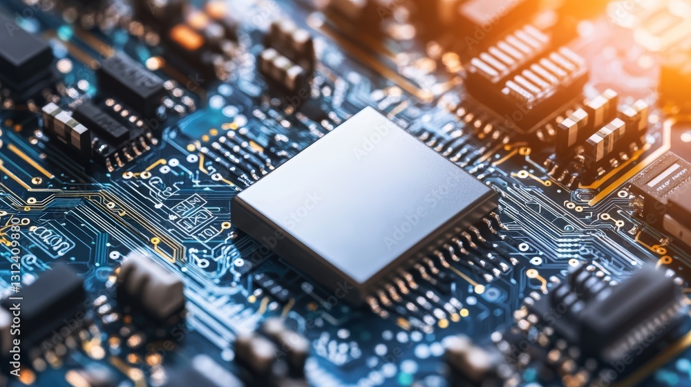 Poster high-tech computer chip close-up on a circuit board showcasing advanced technology and electrical co