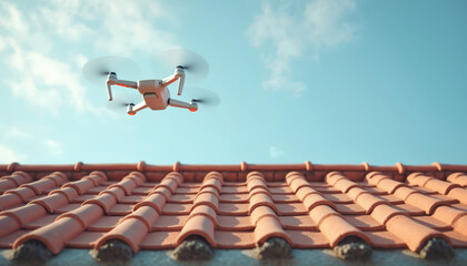 Drone flies over tile roof on sunny day. Aerial view of home, real estate property. Construction tech, building inspection service, safety assessment of residential architecture. Overhead high angle