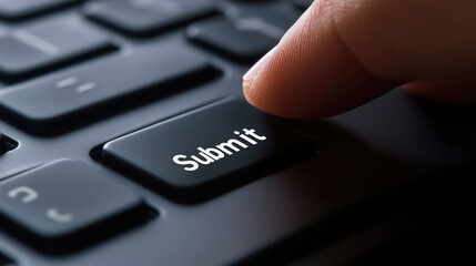 Submit Button Close-up of Finger Pressing Submit Key on Dark Keyboard