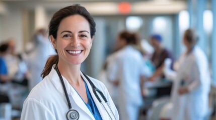 Healthcare professional smiling in hospital setting medical environment portrait photography positive atmosphere close-up view professional care