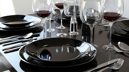 Elegant black dinnerware and glassware set on a wooden table, modern dining room background
