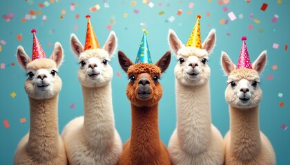 Five alpacas wear birthday hats, celebrate birthday party with confetti on bright blue background. Funny animals congratulate on anniversary. Invitation card concept with happy smiling llama. Sweet