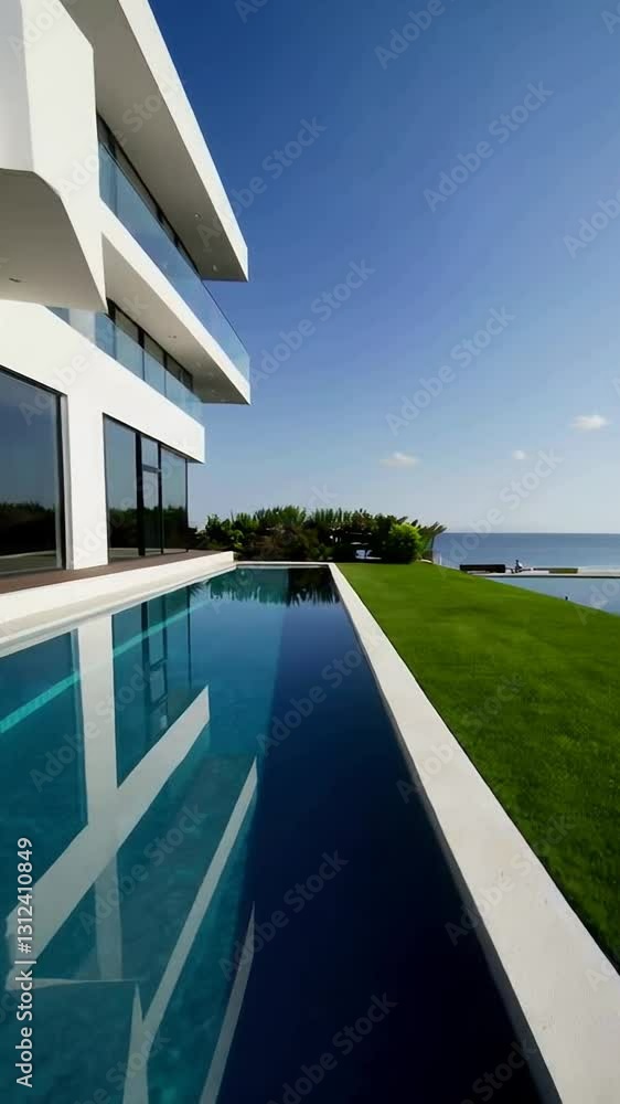 Poster modern architecture and tranquil poolside oasis with ocean view