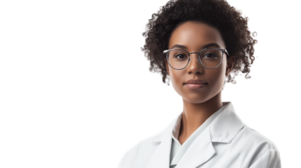 Young female scientist in a lab coat, serious focused expression, clean and professional aesthetic, isolated on white png 