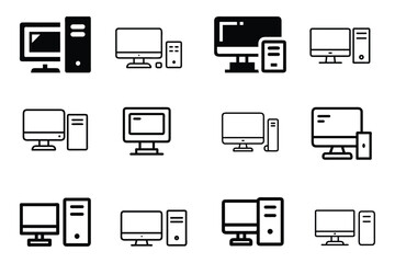  Set of desktop computer line art vector icon illustration on white background.