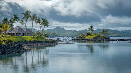 Fototapeta premium Tropical lagoon harbor with thatched huts and palm trees