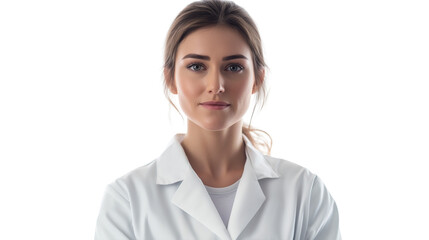 Young female scientist in a lab coat, serious focused expression, clean and professional aesthetic, isolated on white png 