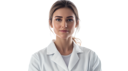 Young female scientist in a lab coat, serious focused expression, clean and professional aesthetic, isolated on white png 