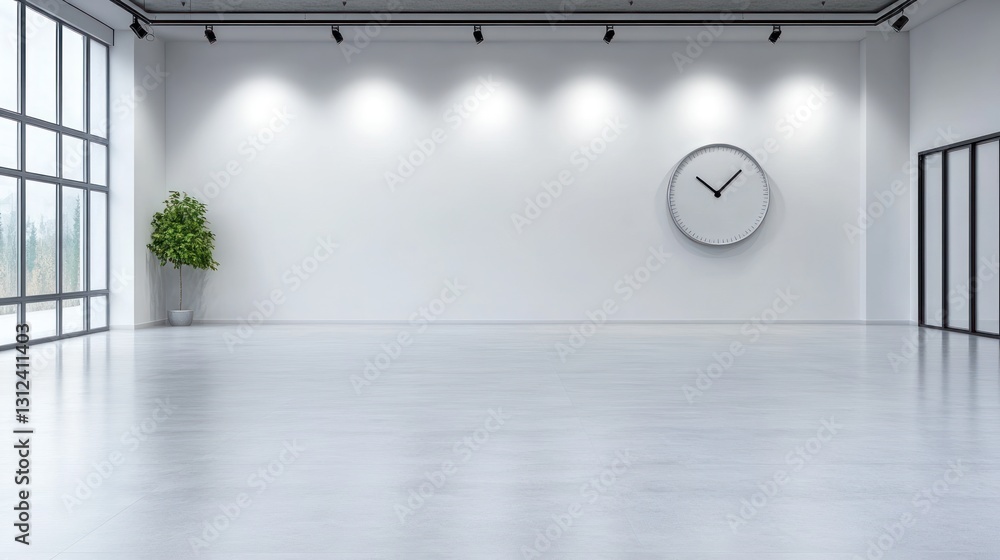 Poster modern empty room interior design with large window and clock
