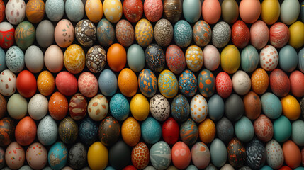 A dense collection of Easter eggs with various patterns, colors, and textures. The eggs are arranged closely, featuring organic, speckled, and abstract designs.