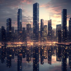 Fototapeta premium Architectural marvels of a metropolitan skyline at golden sunset