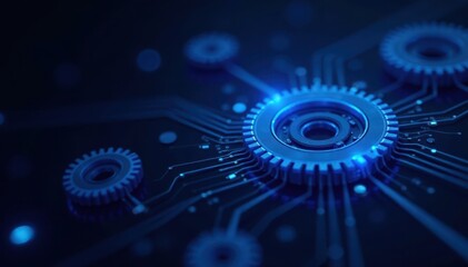 Abstract blue tech backdrop; gears, circuits, glowing lines, gear, gears