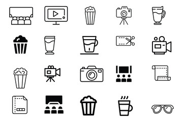 Set of movie shooting element line art vector illustration on white background.