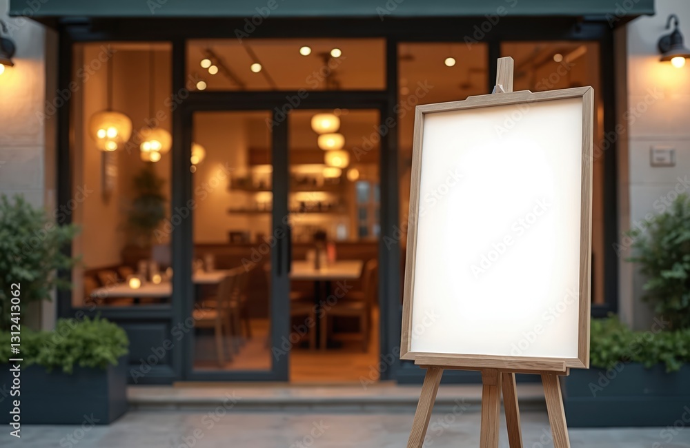 Aufkleber blank paper poster mockup stands outside eatery building as marketing business concept. empty board 