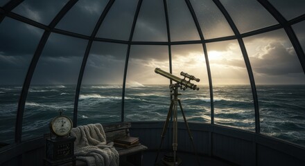 Vintage Telescope Observation of Stormy Ocean From Lighthouse Dome Interior View