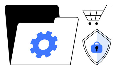 Open file folder with gear icon, shopping cart, and blue shield with lock. Ideal for cybersecurity, data management, online shopping, digital security, privacy system settings ecommerce. Abstract