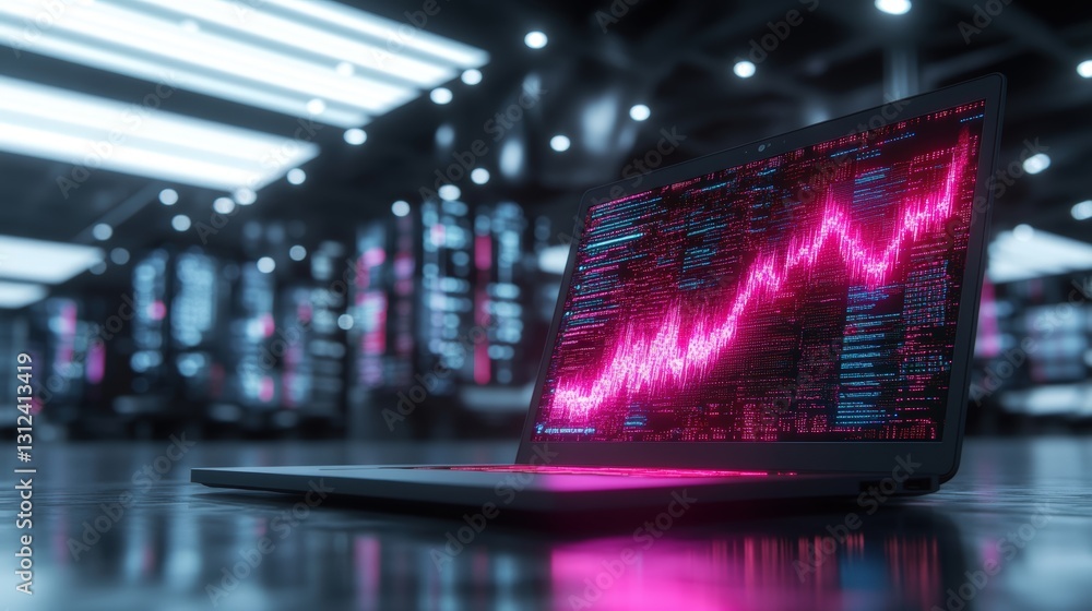 Aufkleber a modern laptop with a bright pink screen displaying colorful graphics in a stylish workspace settin