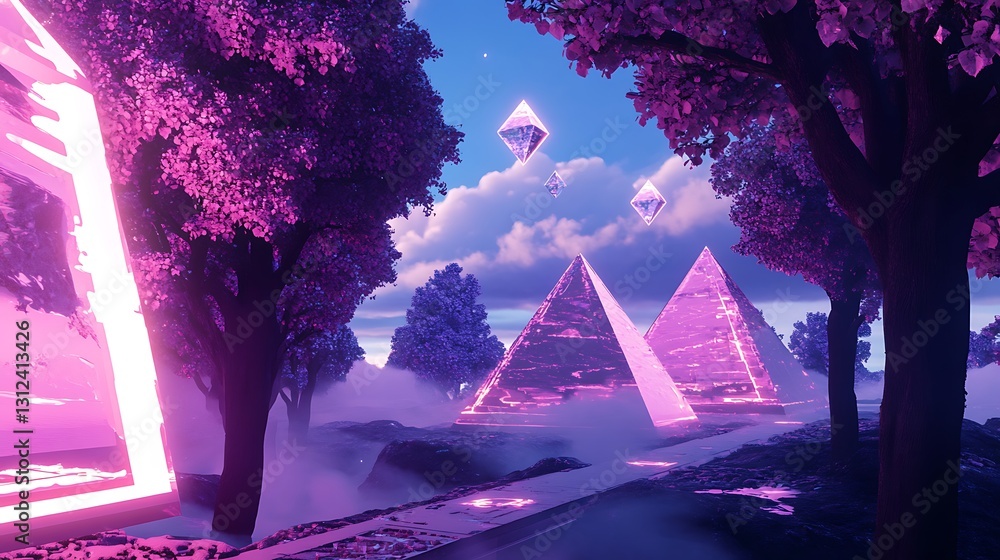 Poster a digital landscape with floating neon pyramids and holographic trees, creating a virtual reality wo