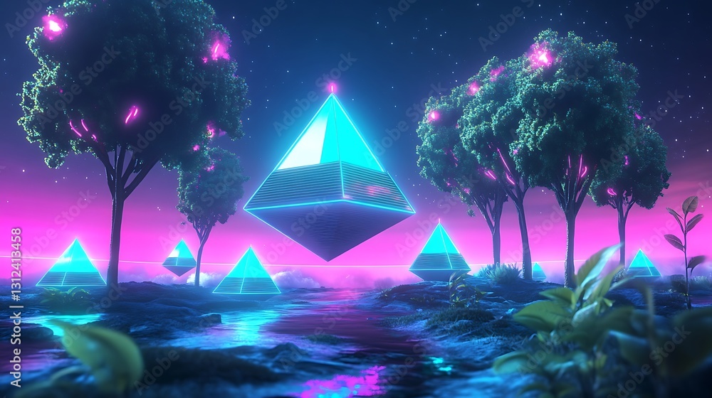 Poster a digital landscape with floating neon pyramids and holographic trees, creating a virtual reality wo
