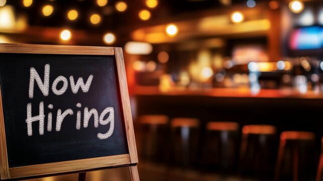 A cozy bar setting with a chalkboard sign announcing job openings amidst warm lighting - Powered by Adobe